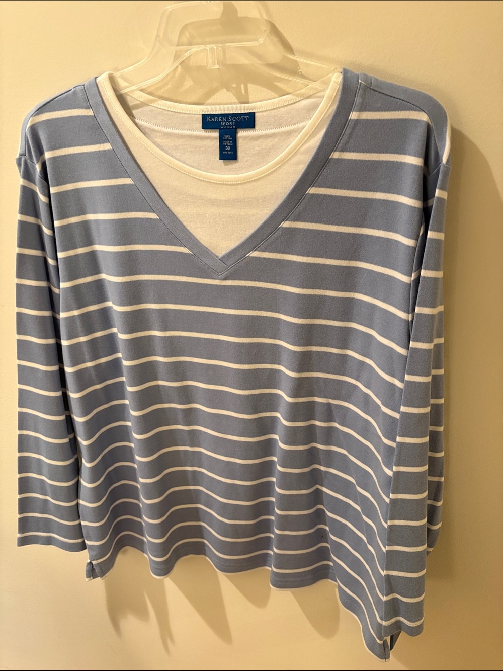 Karen Scott Light Blue and White Striped V-Neck Long Sleeve Tee